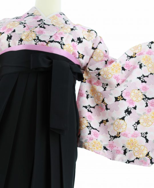 卒業式着物[ガーリー]黒にピンクとカラシの八重桜No.107